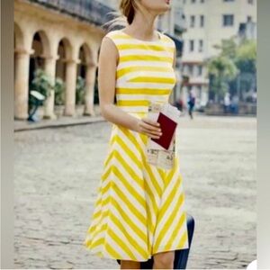 ☀️ Boden Swishy Mara 50s Yellow & White Striped Sleeveless Fit n Flare Dress 12